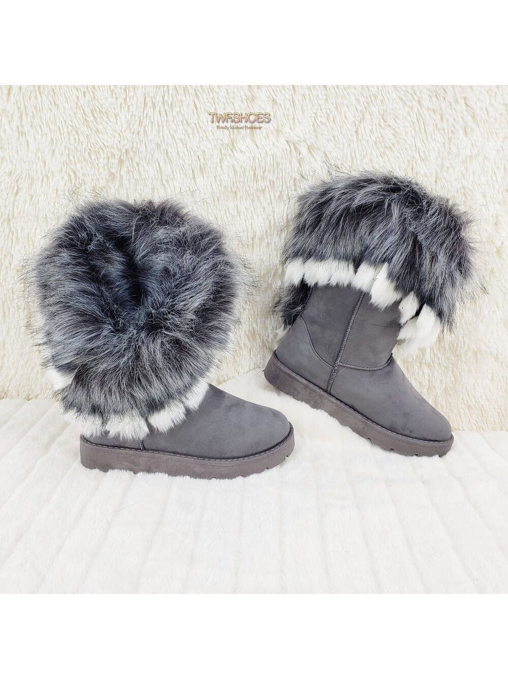 Chi Chi Gray  Faux Fur Collar Winter Flat Ankle Boots